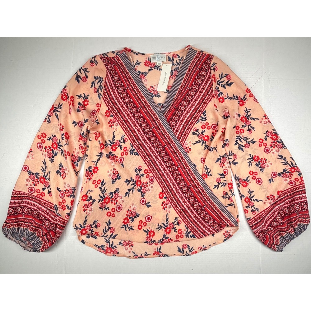 Jun & Ivy Peach Floral Faux Wrap Long Sleeve Blouse Top Large Peasant Boho NWT
